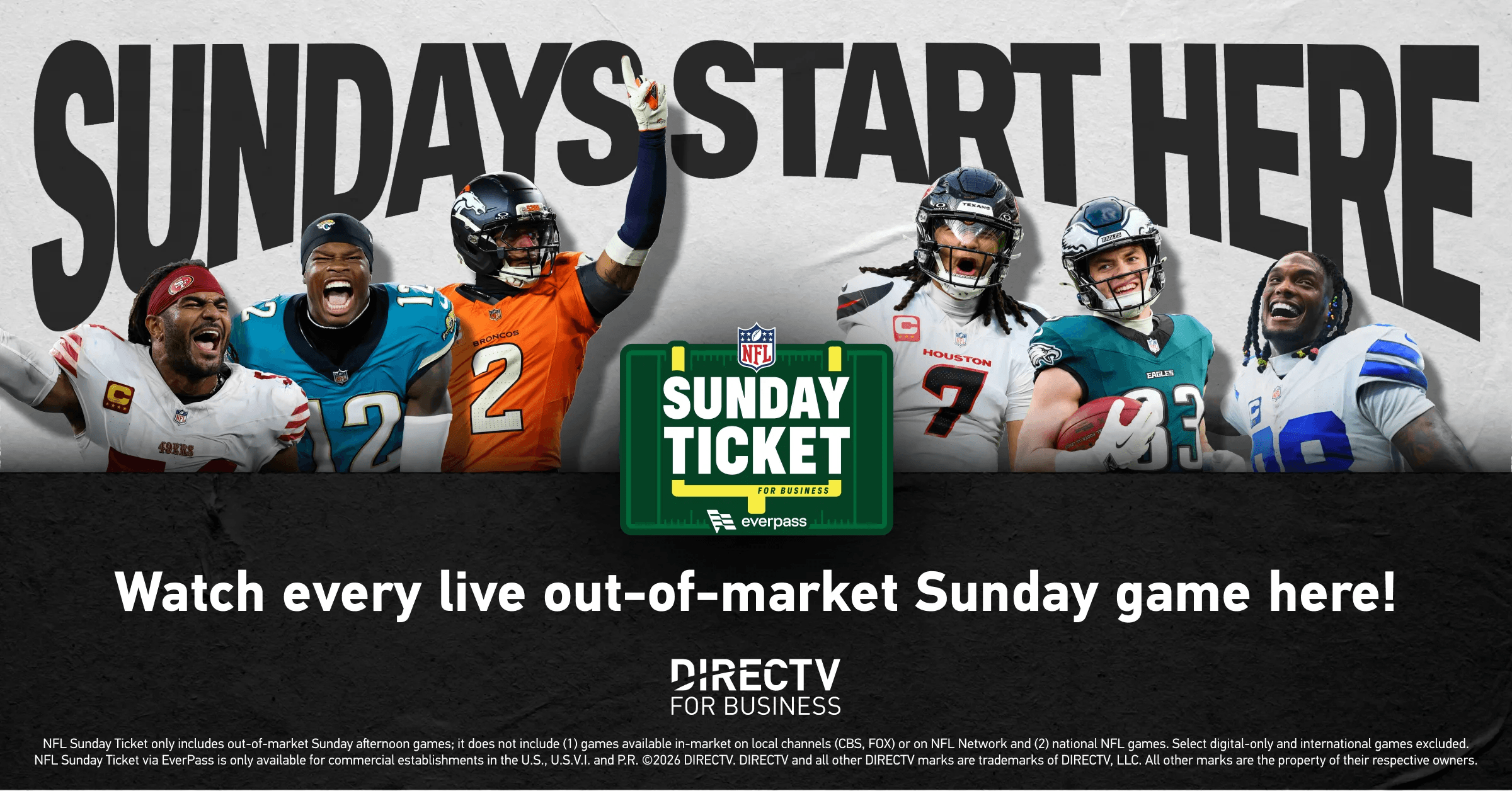 Official DIRECTV NFL Sunday Ticket Watch Here broadcast lineup at Hoppin' Vines