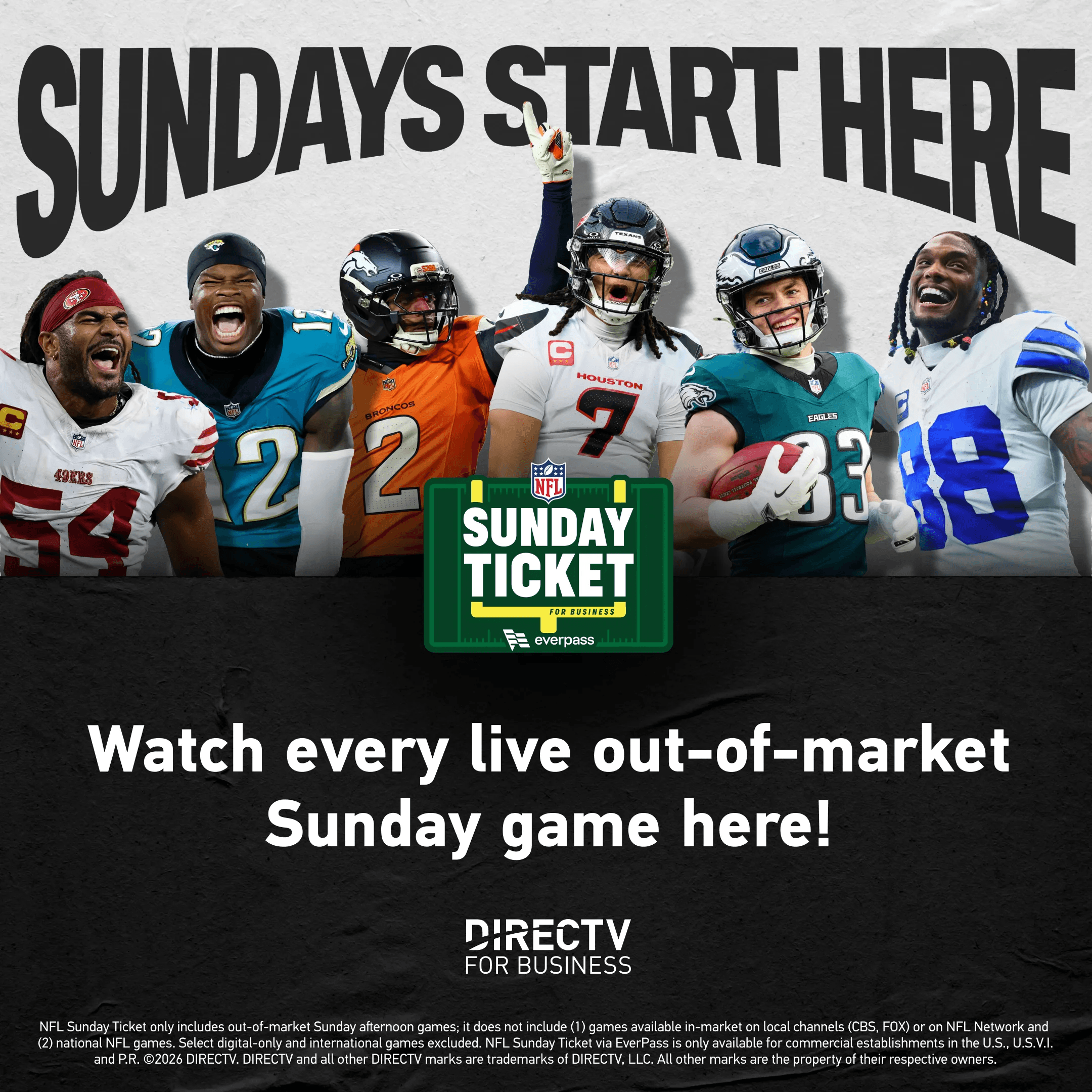 DIRECTV NFL Sunday Ticket Watch Here banner at Hoppin' Vines Madeira